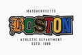 Boston t-shirt design with various letters. Boston, Massachusetts tee shirt print with color cut out college letters.